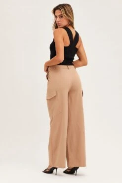 Beige Cargo Pant -Women Clothing Shop wide leg pants camel cargo pant 32965047288001