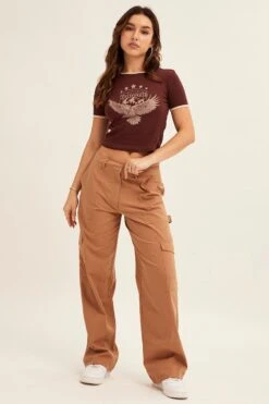 Beige Cargo Pant Mid Rise -Women Clothing Shop wide leg pants camel cargo pant mid rise 32980834812097
