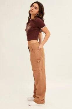 Beige Cargo Pant Mid Rise -Women Clothing Shop wide leg pants camel cargo pant mid rise 32980834877633