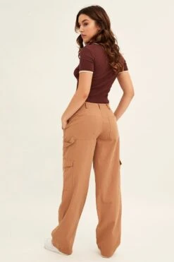 Beige Cargo Pant Mid Rise -Women Clothing Shop wide leg pants camel cargo pant mid rise 32980834910401