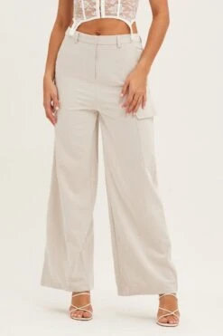 Beige Cargo Pants -Women Clothing Shop wide leg pants camel cargo pants 32965046337729