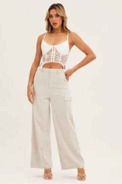 Beige Cargo Pants -Women Clothing Shop wide leg pants camel cargo pants 32965046403265