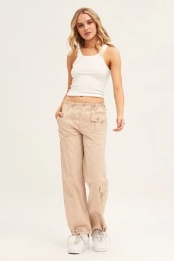 Beige Pants Strap Waist Cargo -Women Clothing Shop wide leg pants camel pants strap waist cargo 33006686798017