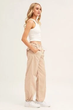 Beige Pants Strap Waist Cargo -Women Clothing Shop wide leg pants camel pants strap waist cargo 33006686830785