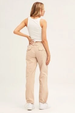 Beige Pants Strap Waist Cargo -Women Clothing Shop wide leg pants camel pants strap waist cargo 33006686896321