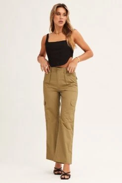 Green Cargo Pants Mid Rise -Women Clothing Shop wide leg pants green cargo pants mid rise 32980826718401