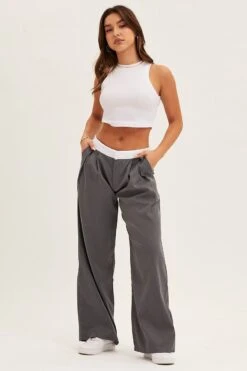 Grey Pants Wide Leg Low Rise -Women Clothing Shop wide leg pants grey pants wide leg low rise 32964966383809