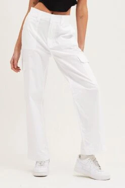 White Cargo Pants High Rise Wide Leg -Women Clothing Shop wide leg pants white cargo pants high rise wide leg 32965016846529