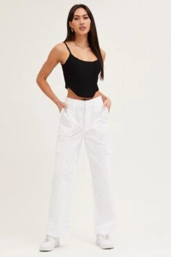 White Cargo Pants High Rise Wide Leg -Women Clothing Shop wide leg pants white cargo pants high rise wide leg 32965016879297