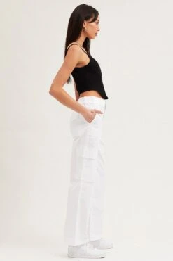 White Cargo Pants High Rise Wide Leg -Women Clothing Shop wide leg pants white cargo pants high rise wide leg 32965016912065