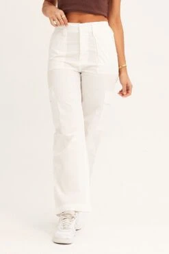White Cargo Pants Mid Rise -Women Clothing Shop wide leg pants white cargo pants mid rise 32980823277761