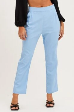Blue Cropped Pants High Waist Workwear -Women Clothing Shop work pant blue cropped pants high waist workwear 32967189299393