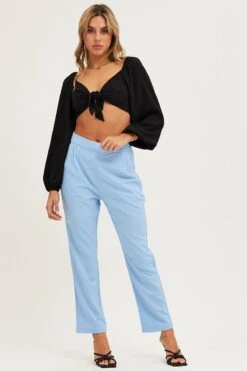 Blue Cropped Pants High Waist Workwear -Women Clothing Shop work pant blue cropped pants high waist workwear 32967189332161