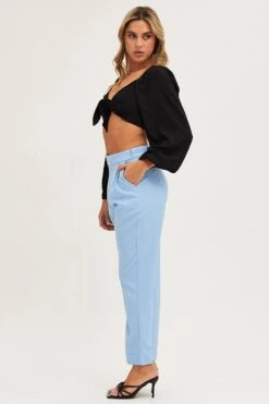 Blue Cropped Pants High Waist Workwear -Women Clothing Shop work pant blue cropped pants high waist workwear 32967189364929