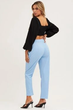 Blue Cropped Pants High Waist Workwear -Women Clothing Shop work pant blue cropped pants high waist workwear 32967189430465